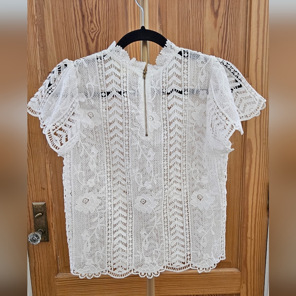 LoveJ Lace See Through Flutter Sleeve Top with Zipper Back Size Small - Picture 4 of 5
